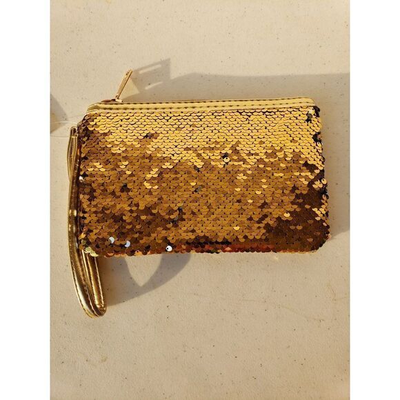 Women's Gold Wristlet Flip Sequin Coin Purse Cosmetic Bag NWT - Picture 2 of 9